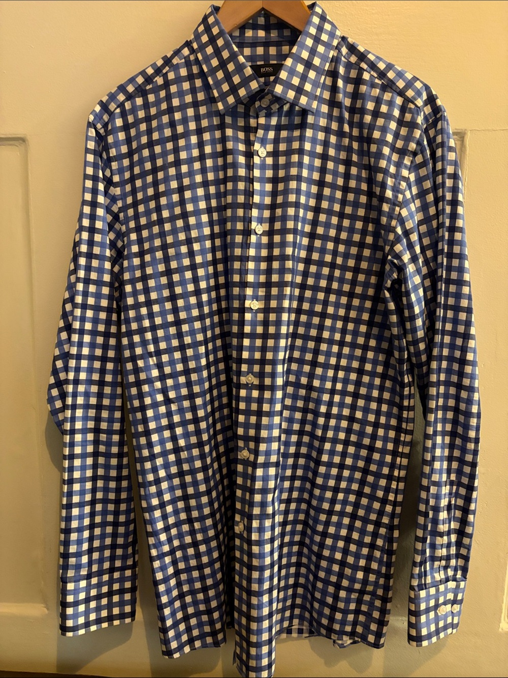 Boss Men's Blue and White Check Dress Shirt